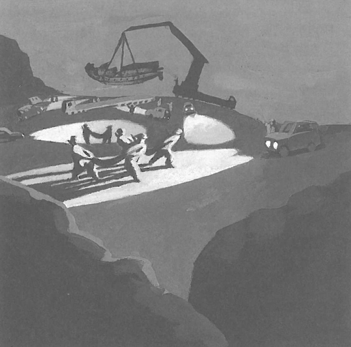 Cars and trucks arrive at the crashed ship