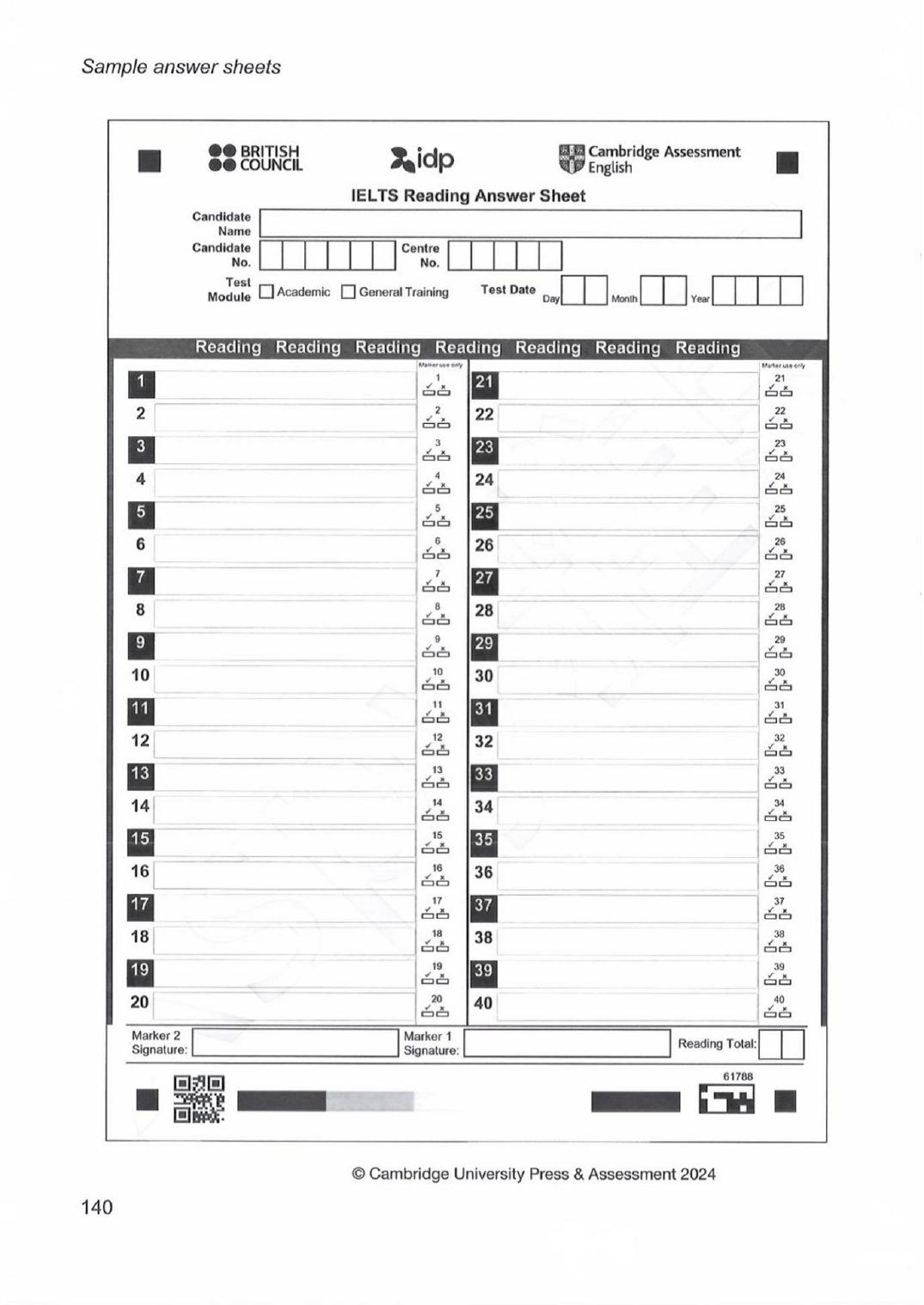 IELTS Reading answer sheet