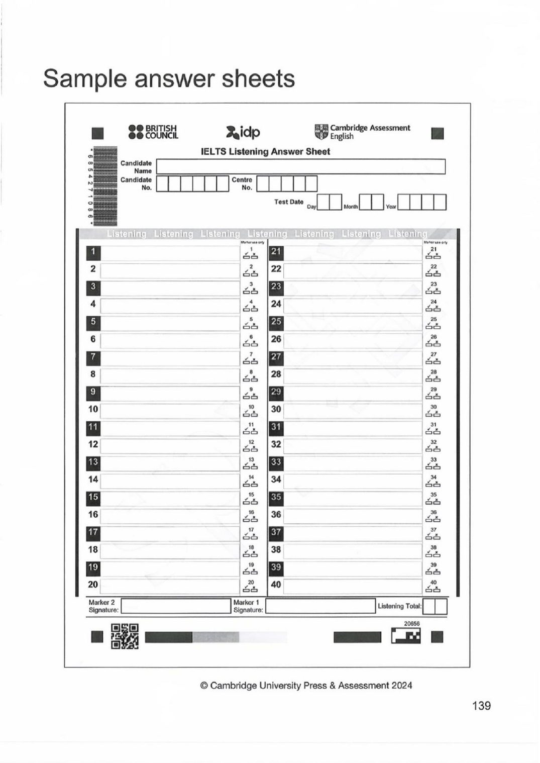 IELTS Listening answer sheet